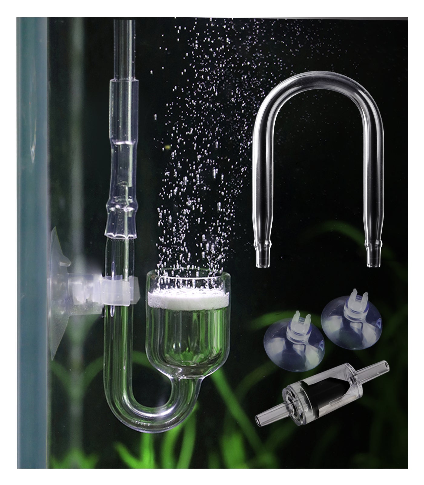 Aquarium Glass CO2 Diffuser Atomizer with U Tube Check Valve Suction Cup Premium Version