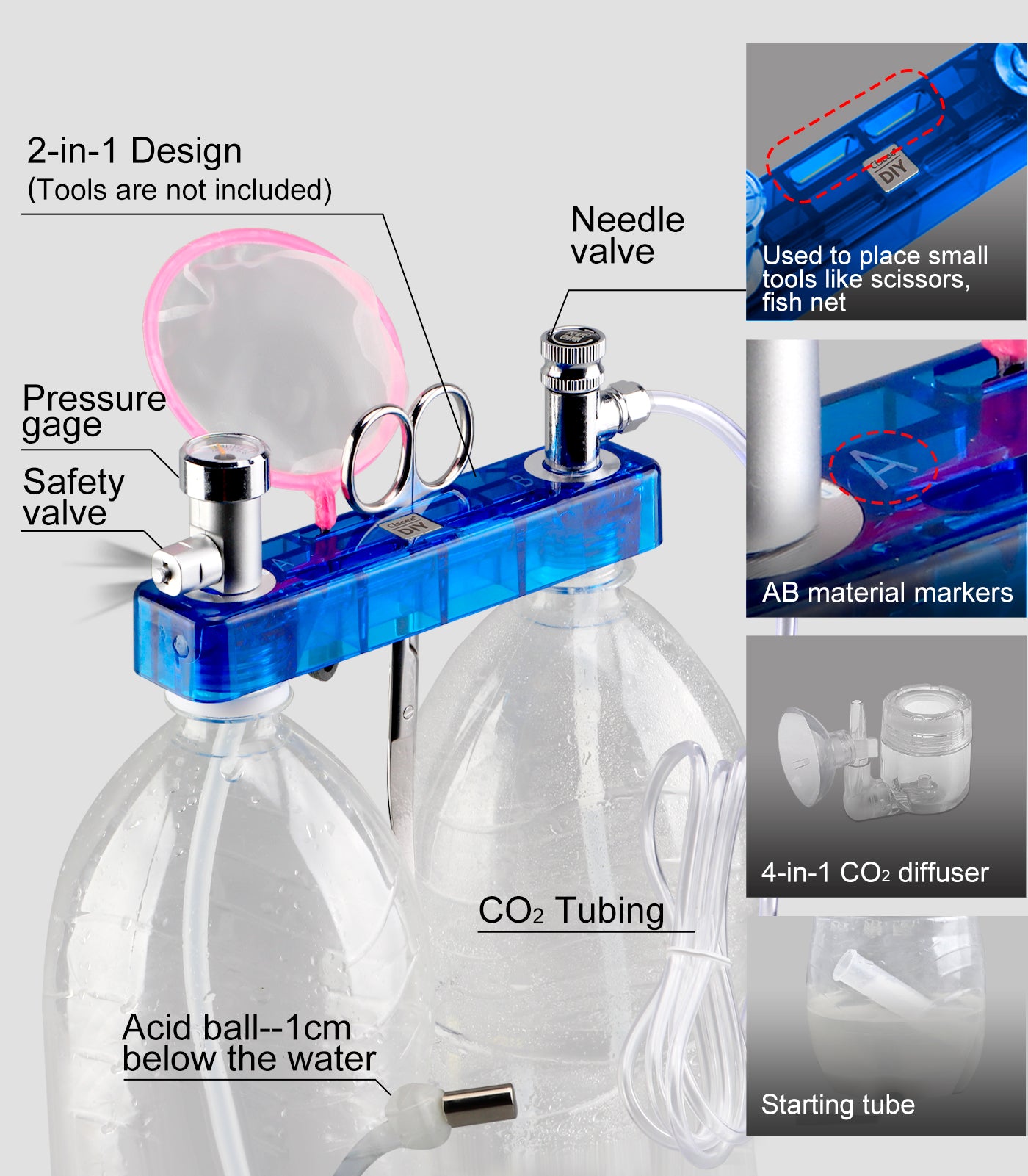 CO2 Kit for Aquarium - DIY System and Diffuser 2-in-1 Design G500-Blue