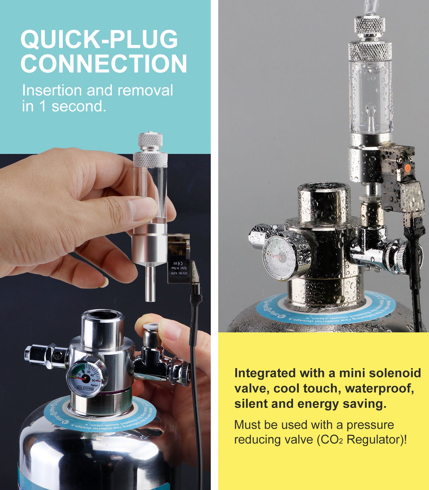 CO2 Bubble Counter with Solenoid Valve and Check Valve for CO2 Generator Regulator Planted Aquarium Quick-Plug Connection
