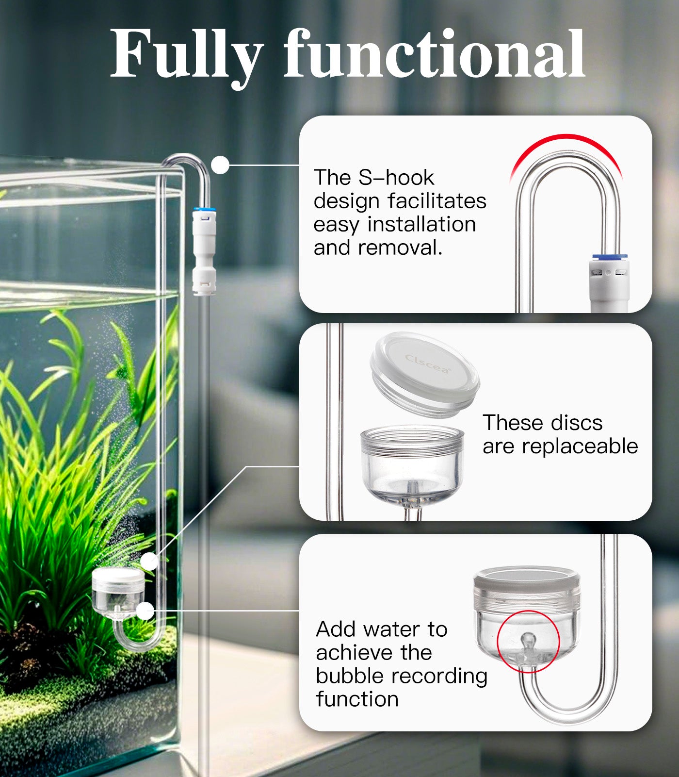 Clscea Aquarium Acrylic CO2 Diffuser, S-Hook CO2 Atomizer Bubble Counter with Replaceable Disc and Quick-Plug for Aquarium Plant Tank, 20cm(S)