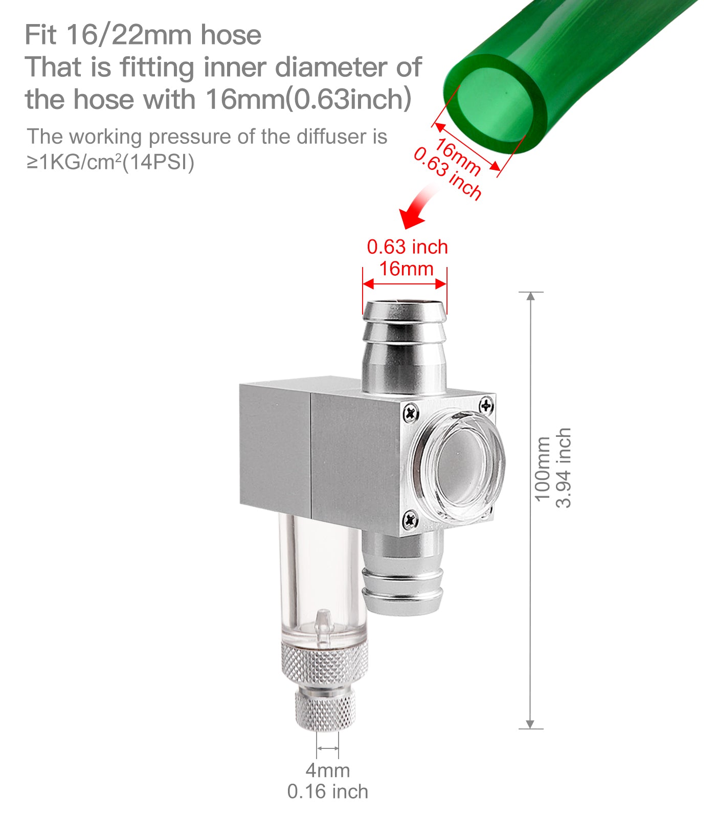 External Inline CO2 Diffuser Atomizer with Bubble Counter Aluminum Alloy for Planted Aquarium Canister Filter (DC400-L-16)