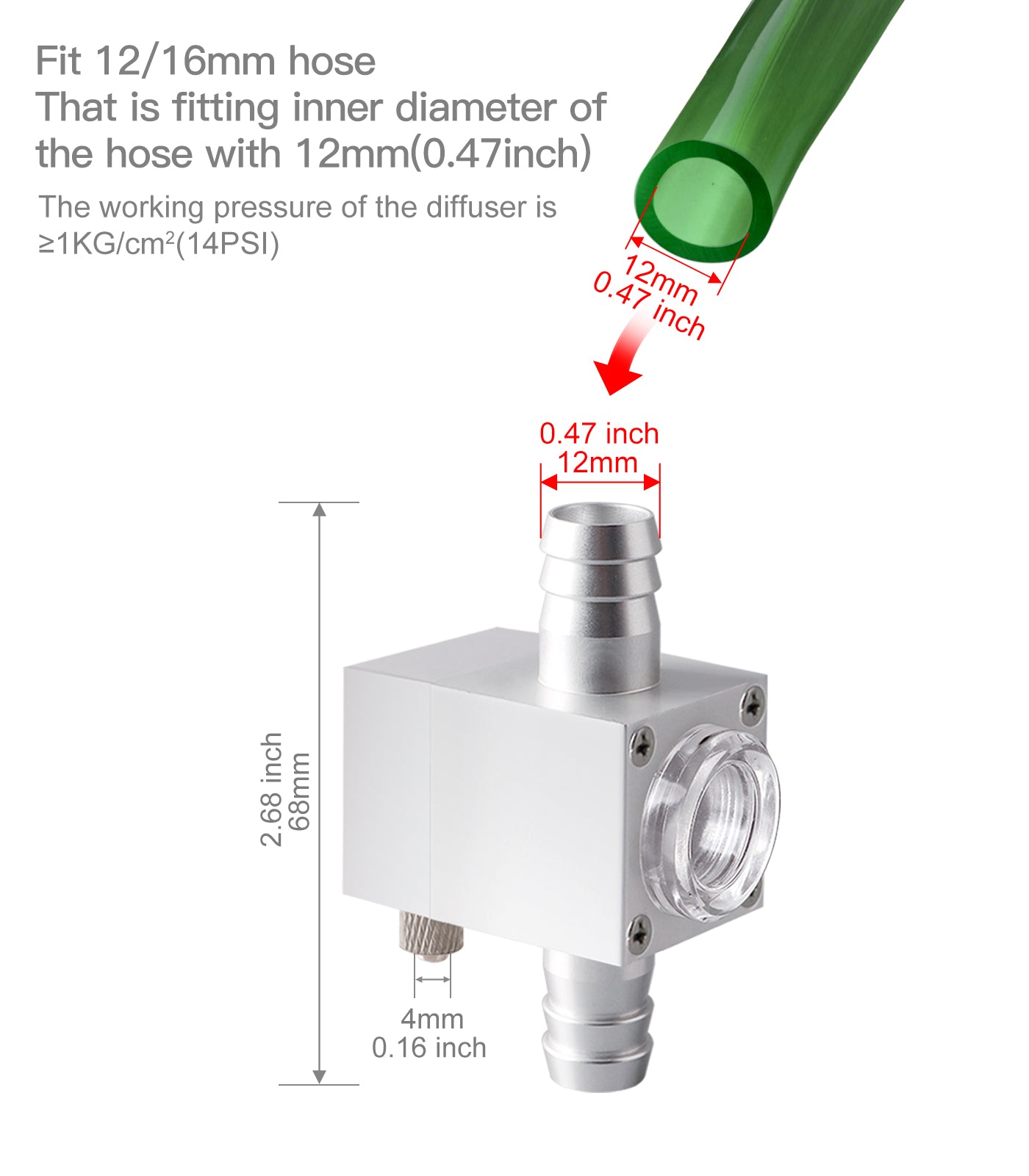 External Inline CO2 Diffuser Atomizer Aluminum Alloy for Planted Aquarium 12 mm