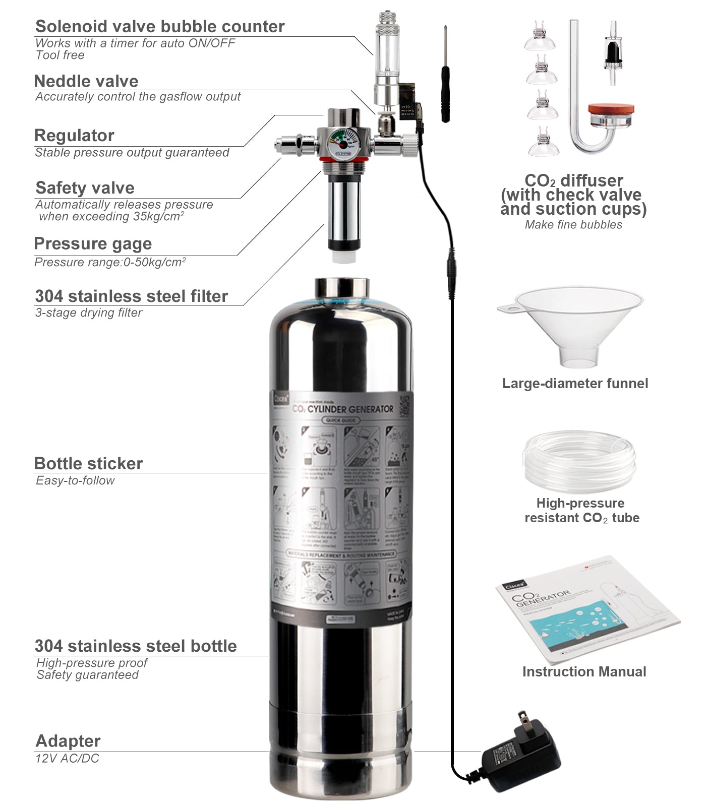Clscea 4L Aquarium CO2 Generator Kit Double Pressurization Enhanced Version Max for 600g+600g Raw Materials,G800S