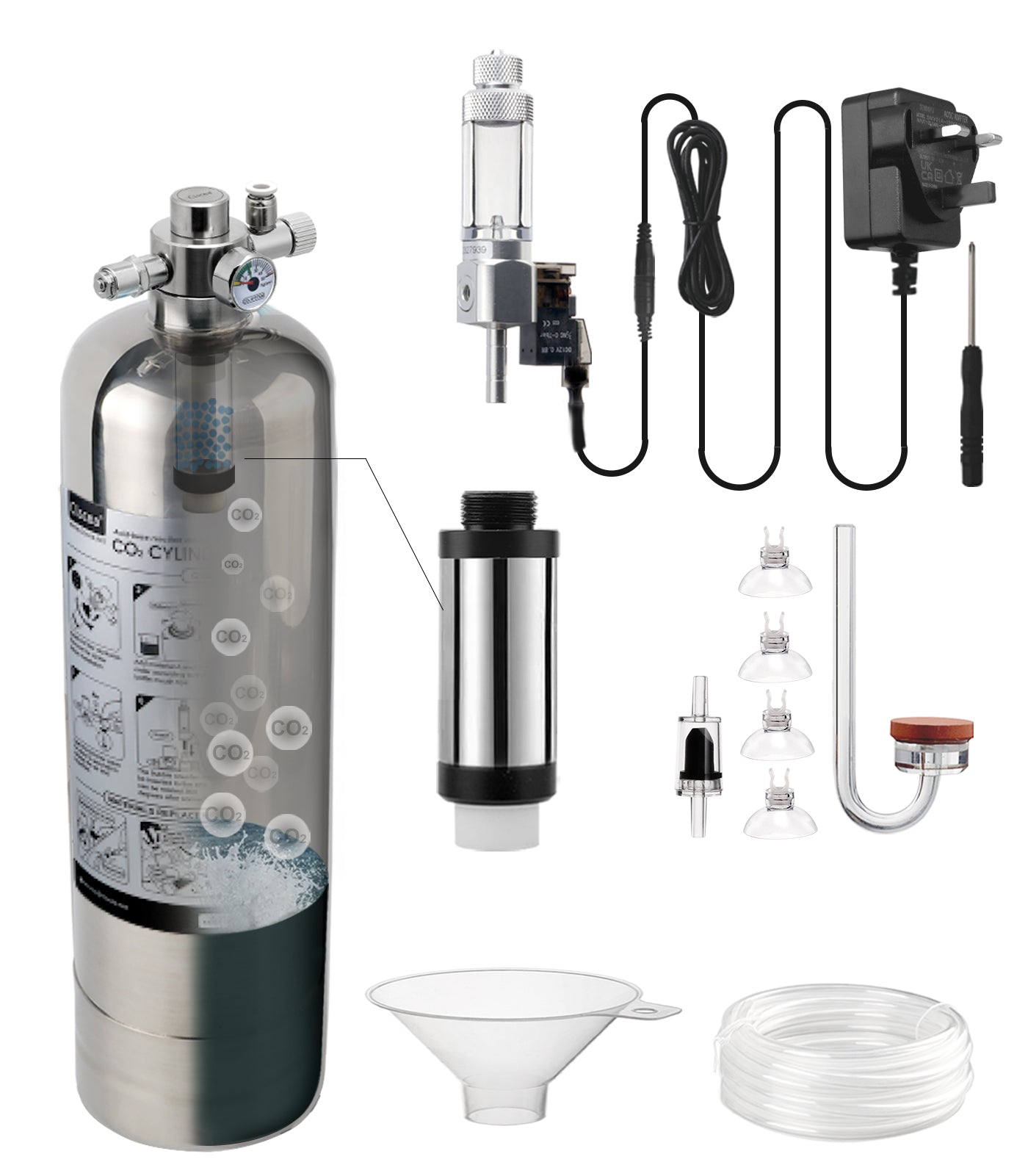 Clscea Aquarium CO2 System Generator, Stainless Steel Carbon Dioxide Reactor Kit with Regulator Solenoid Valve for Aquarium Plants (G600S), CO2 Aquarium Kit